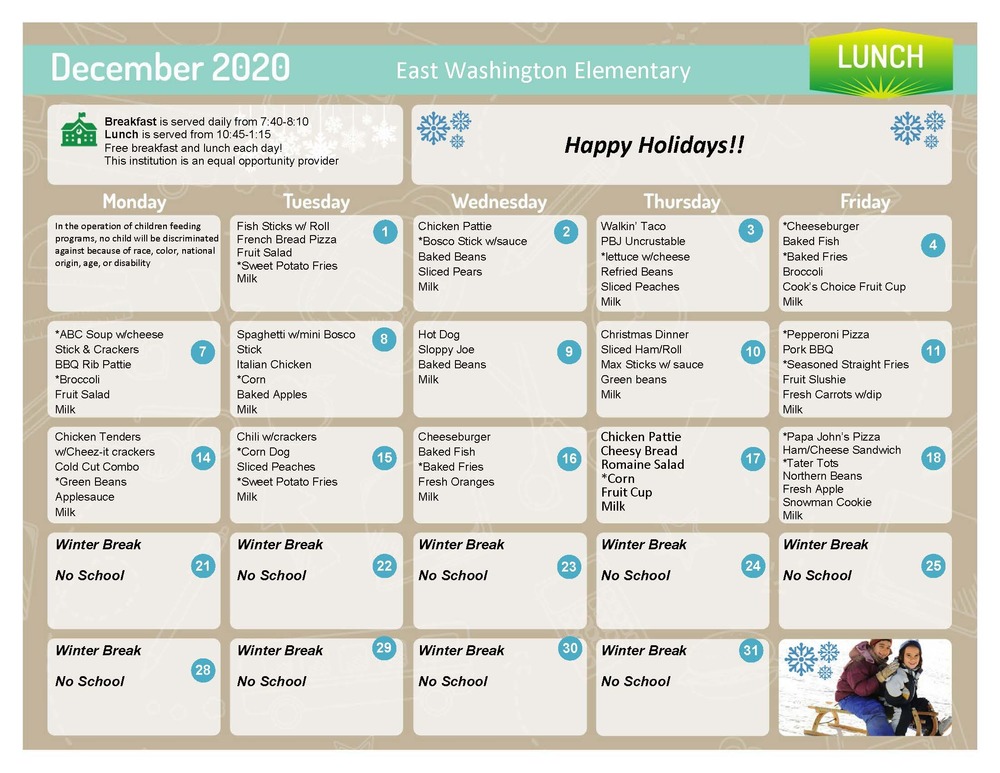 EWES December 2020 Lunch Menu