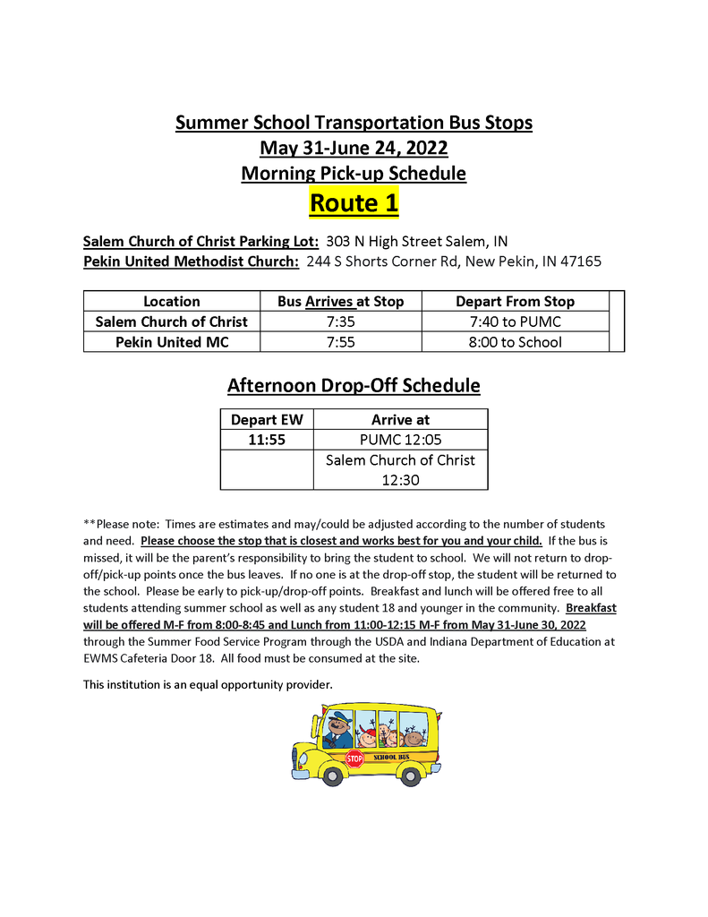 Summer School Transportation Schedule 2022